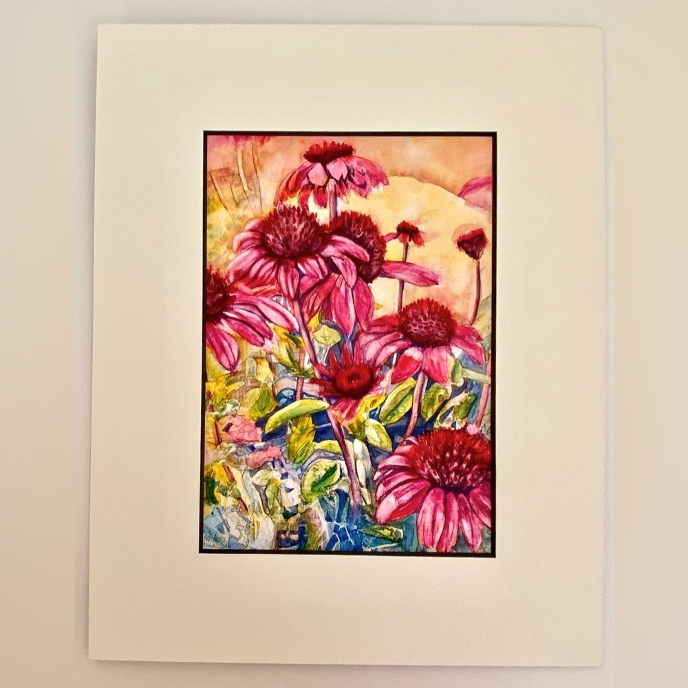 Coneflowers Art Print on Card Stock 5” x 7” in a white mat to fit 8” x 10” frame